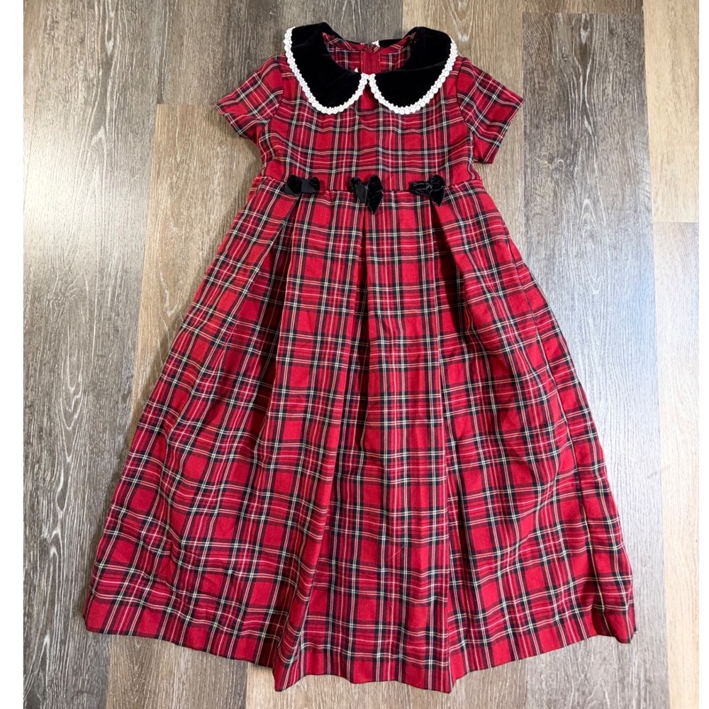 Bonnie Jean Plaid Dress Girls 7 Red Velvet Lace Trim Holiday Christmas B49842-1